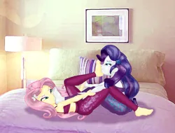 Size: 2835x2155 | Tagged: suggestive, artist:ponymaan, derpibooru import, fluttershy, rarity, human, equestria girls, barefoot, clothes, commission, duo, duo female, feet, female, fetish, flarity, foot fetish, image, lesbian, lying down, pants, png, prone, shipping, sports, sports bra, wrestling, yoga pants