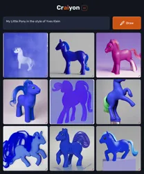 Size: 1536x1850 | Tagged: safe, craiyon, derpibooru import, machine learning generated, oc, earth pony, pony, unicorn, 2d, 3d, black background, blue, blue background, blue coat, blue mane, blue pony, coat markings, earth pony oc, image, international klein blue, modern art, pink background, pink coat, pink mane, plastic, png, rearing, simple background, socks (coat marking), toy, traditional art, watercolor painting, white background, yves klein