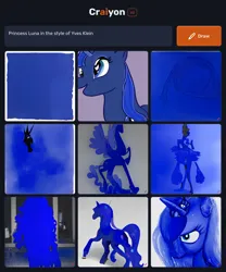 Size: 1536x1850 | Tagged: safe, craiyon, derpibooru import, machine learning generated, princess luna, alicorn, anthro, changeling, earth pony, plantigrade anthro, blue, clothes, image, international klein blue, modern art, not luna, not salmon, png, skirt, wat, yves klein