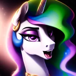 Size: 2999x2970 | Tagged: suggestive, derpibooru import, machine learning generated, purplesmart.ai, stable diffusion, princess celestia, alicorn, pony, aroused, backlighting, bedroom eyes, bust, crown, ear fluff, eyebrows, female, fluffy, high res, horn, image, imminent blowjob, imminent oral, imminent sex, jewelry, lidded eyes, mare, open mouth, open smile, oral invitation, peytral, png, regalia, seductive, seductive look, smiling, solo, solo female, tongue out
