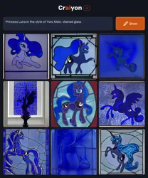 Size: 1536x1850 | Tagged: safe, craiyon, derpibooru import, machine learning generated, princess luna, alicorn, changeling, pony, unicorn, black background, blue, blue background, craft, embryo, horn, image, international klein blue, long horn, modern art, png, race swap, sculpture, shattered glass, simple background, stained glass, statue, unicorn luna, wings, yves klien