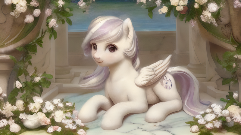 Size: 2560x1440 | Tagged: safe, derpibooru import, editor:felisamafeles, machine learning generated, stable diffusion, oc, unofficial characters only, pegasus, pony, flower, image, marble floor, ocean, png, solo, water