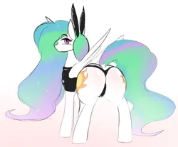 Size: 1258x1044 | Tagged: suggestive, artist:candel, derpibooru import, princess celestia, alicorn, pony, bedroom eyes, blushing, bunny ears, bunny suit, butt, butt blush, clothes, eyeshadow, image, looking at you, makeup, plot, png, simple background, sunbutt