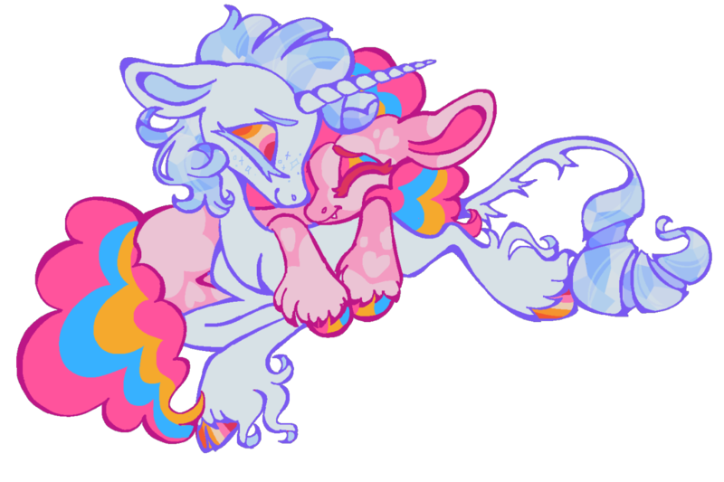 Size: 1280x853 | Tagged: safe, artist:webkinzworldz, derpibooru import, pinkie pie, rarity, classical unicorn, pony, unicorn, alternate design, cloven hooves, cuddling, duo, female, image, leonine tail, lesbian, lesbian pride flag, pansexual, pansexual pride flag, png, pride, pride flag, raripie, shipping, simple background, transparent background, unshorn fetlocks