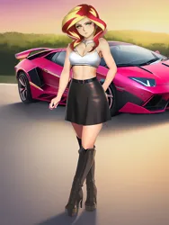 Size: 1020x1360 | Tagged: safe, derpibooru import, editor:sammykun, machine learning generated, novelai, stable diffusion, sunset shimmer, human, equestria girls, boots, car, choker, clothes, high heel boots, humanized, image, lamborghini, midriff, png, race queen, road, serious, serious face, shoes, skirt, sleeveless, sunset, tanktop, tight clothing