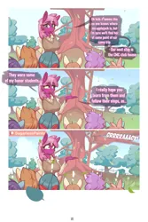 Size: 1250x1873 | Tagged: safe, artist:sugarlesspaints, derpibooru import, cheerilee, pipsqueak, anthro, comic:earning your stripes, z-book universe, comic, dialogue, exclamation point, image, jpeg, speech bubble, treehouse, wide eyes