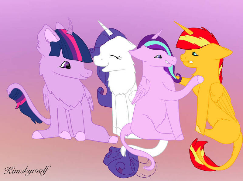 Size: 1033x774 | Tagged: safe, artist:kimskywolf, derpibooru import, rarity, starlight glimmer, sunset shimmer, twilight sparkle, twilight sparkle (alicorn), alicorn, alicornified, eyes closed, gradient background, grin, happy, image, jpeg, leonine tail, looking at each other, looking at someone, open mouth, race swap, raricorn, shimmercorn, smiling, starlicorn, tail, touching, xk-class end-of-the-world scenario