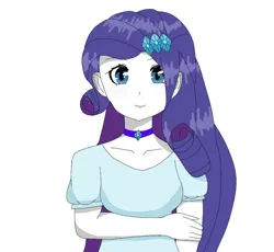 Size: 932x857 | Tagged: safe, artist:littlewolfcreator, derpibooru import, rarity, human, equestria girls, collar, hair over one eye, hairclip, hand on arm, image, jewelry, jpeg, looking at you, necklace, simple background, smiling, solo