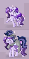 Size: 1500x3000 | Tagged: safe, artist:euspuche, derpibooru import, oc, oc:dreaming bell, oc:dreaming star, bat pony, bat pony unicorn, hybrid, pony, unicorn, floating heart, heart, horn, image, png, ponies riding ponies, riding, siblings