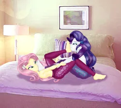 Size: 2835x2538 | Tagged: suggestive, alternate version, artist:ponymaan, derpibooru import, fluttershy, rarity, human, equestria girls, barefoot, clothes, commission, duo, duo female, feet, female, fetish, flarity, foot fetish, image, lesbian, lying down, on back, pants, partial nudity, png, shipping, sports, topless, wrestling, yoga pants