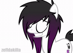 Size: 600x437 | Tagged: safe, artist:zeffdakilla, derpibooru import, oc, oc:lacey lullaby, unofficial characters only, earth pony, pony, animated, black mane, emo, female, gif, grin, headbob, image, looking away, looking sideways, nervous, nervous grin, simple background, smiling, solo, white background, white fur