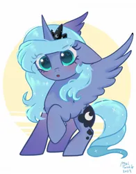 Size: 1074x1368 | Tagged: safe, artist:petaltwinkle, derpibooru import, princess luna, alicorn, pony, blushing, cute, female, image, jpeg, looking at you, lunabetes, mare, open mouth, s1 luna, signature, simple background, solo, spread wings, white background, wingding eyes, wings