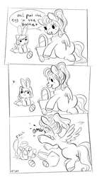 Size: 2018x3695 | Tagged: safe, artist:opalacorn, derpibooru import, oc, oc:void, unofficial characters only, pegasus, pony, animal costume, baby, baby pony, basket, black and white, bunny costume, clothes, colt, comic, costume, dialogue, duo, easter, easter egg, falling, female, foal, grayscale, holiday, image, jpeg, male, mare, monochrome, mother and child, mother and son, simple background, speech bubble, white background