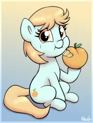 Size: 1614x2127 | Tagged: safe, artist:heretichesh, derpibooru import, oc, unofficial characters only, earth pony, pony, cute, eating, female, filly, foal, food, gradient background, hoof hold, image, jpeg, looking at you, peach, puffy cheeks, signature, sitting, smiling, smiling at you, solo