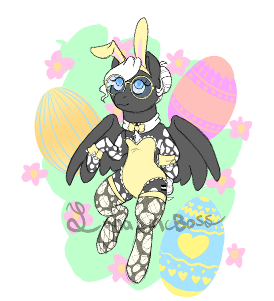 Size: 1108x1215 | Tagged: safe, artist:luna_mcboss, derpibooru import, oc, oc:double stuff, unofficial characters only, pegasus, pony, animal costume, blue eyes, bowtie, bunny costume, bunny ears, bunny suit, chest fluff, clothes, collar, colorful, complex background, costume, cuffs (clothes), easter, easter egg, egg, fishnets, glasses, gray coat, green background, hair bun, holiday, image, looking up, mottled coat, pegasus oc, png, pony oc, simple background, socks, stockings, tail, tail bun, thigh highs, white mane, wings