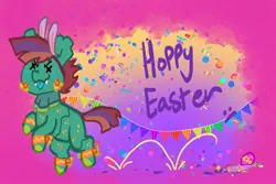 Size: 969x648 | Tagged: safe, artist:nootaz, derpibooru import, oc, oc:deadmeat, unofficial characters only, original species, piñata pony, pony, bipedal, bunny ears, easter, engrish, grammar error, happy easter, holiday, hopping, image, jpeg, male, piñata, solo, stallion, x eyes