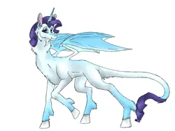 Size: 1024x769 | Tagged: safe, artist:catlover1672, derpibooru import, rarity, dracony, dragon, hybrid, dragonified, image, jpeg, looking at you, raridragon, simple background, smiling, smiling at you, species swap, spread wings, walking, wings