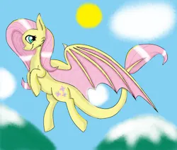 Size: 972x823 | Tagged: safe, artist:daedric-dragon, derpibooru import, fluttershy, dracony, dragon, hybrid, cloud, dragonified, flutterdragon, flying, image, jpeg, looking at you, mountain, sky, smiling, species swap, spread wings, sun, wings