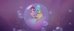 Size: 1600x665 | Tagged: safe, derpibooru import, pinkie pie, princess skystar, seapony (g4), my little pony: the movie, bubble, female, image, in bubble, jpeg, one small thing, pinkie pie trapped in a bubble, seaponified, seapony pinkie pie, species swap, underwater, water
