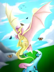 Size: 774x1033 | Tagged: safe, artist:daedric-dragon, derpibooru import, fluttershy, butterfly, dragon, insect, cloud, dragonified, eyes closed, flutterdragon, flying, image, jpeg, mountain, river, sky, species swap, spread wings, water, wings