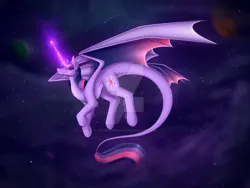 Size: 1024x768 | Tagged: safe, artist:daedric-dragon, derpibooru import, twilight sparkle, dracony, dragon, hybrid, dragonified, flying, glow, glowing horn, horn, image, jpeg, looking at you, planet, shooting star, smiling, smiling at you, space, species swap, spread wings, twilidragon, wings