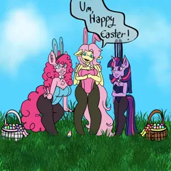 Size: 1000x1000 | Tagged: suggestive, artist:mintymelody, derpibooru import, fluttershy, pinkie pie, twilight sparkle, anthro, basket, bunny ears, bunny suit, chest fluff, clothes, easter egg, image, jpeg, playboy bunny fluttershy, playboy bunny pinkie pie, playboy bunny twilight sparkle
