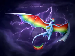 Size: 1024x768 | Tagged: safe, artist:daedric-dragon, derpibooru import, rainbow dash, dracony, dragon, hybrid, cloud, dragonified, flying, image, jpeg, lightning, rainbow dragon, species swap, spread wings, thunderstorm, wings