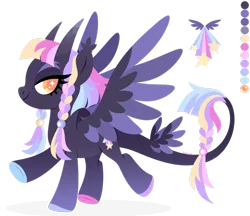 Size: 1920x1660 | Tagged: safe, artist:kabuvee, derpibooru import, oc, unofficial characters only, pegasus, pony, adoptable, colored hooves, colored horn, colored pupils, colored wings, eyebrows, eyelashes, eyeshadow, female, four wings, fringe, gradient hooves, horn, horns, image, long horn, long tail, looking back, makeup, mare, multicolored horn, multicolored mane, multiple wings, orange eyes, pegasus oc, pigtails, png, quadrupedal, scrunchie, short mane, side view, simple background, smiling, solo, stars, tail, tail wings, tassels, thick eyebrows, transparent background, two toned wings, wings