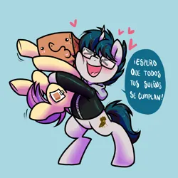 Size: 1300x1300 | Tagged: safe, artist:paperbagpony, derpibooru import, oc, oc:invictus europa, oc:paper bag, unicorn, clothes, commission, dialogue, fake cutie mark, floating heart, glasses, heart, hoodie, horn, hug, hug from behind, image, png, unicorn oc, ych result