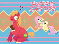 Size: 2880x2160 | Tagged: safe, anonymous artist, derpibooru import, angel bunny, big macintosh, fluttershy, earth pony, pegasus, pony, rabbit, series:fm holidays, animal, annoyed, chocolate, chocolate bunny, confused, covered eyes, easter, eating, female, fluttermac, food, frown, happy easter, holiday, image, lineless, male, mare, no pupils, png, puffy cheeks, question mark, shipping, sitting, stallion, straight