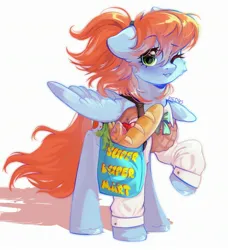 Size: 2222x2436 | Tagged: safe, artist:pledus, derpibooru import, oc, oc:morning star, pegasus, pony, fallout equestria, apple, bag, bow, bread, carrot, cheese, clothes, derpibooru exclusive, female, food, green eyes, image, jpeg, looking at you, mare, one eye closed, ponytail, shirt, shopping bag, solo, super duper mart, vest, wink, winking at you