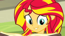 Size: 600x338 | Tagged: safe, derpibooru import, sunset shimmer, equestria girls, equestria girls series, rainbow rocks, bacon, book, canterlot, cute, female, food, gif, green eyes, image, meat, reading, solo, solo female, sunset