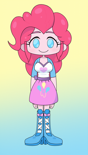 Size: 1143x2018 | Tagged: safe, artist:batipin, derpibooru import, pinkie pie, equestria girls, chibi, gradient background, image, looking at you, no nose, no pupils, png, simple background