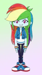 Size: 1143x2018 | Tagged: safe, artist:batipin, derpibooru import, rainbow dash, equestria girls, chibi, gradient background, image, looking at you, no nose, no pupils, png, simple background