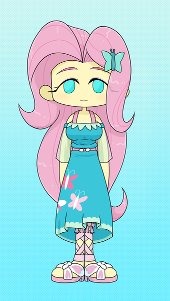 Size: 1143x2018 | Tagged: safe, artist:batipin, derpibooru import, fluttershy, equestria girls, chibi, gradient background, image, looking at you, no nose, no pupils, png, simple background