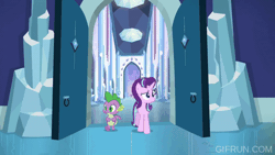Size: 520x293 | Tagged: safe, derpibooru import, screencap, pinkie pie, princess flurry heart, shining armor, spike, starlight glimmer, the crystalling, animated, gif, image