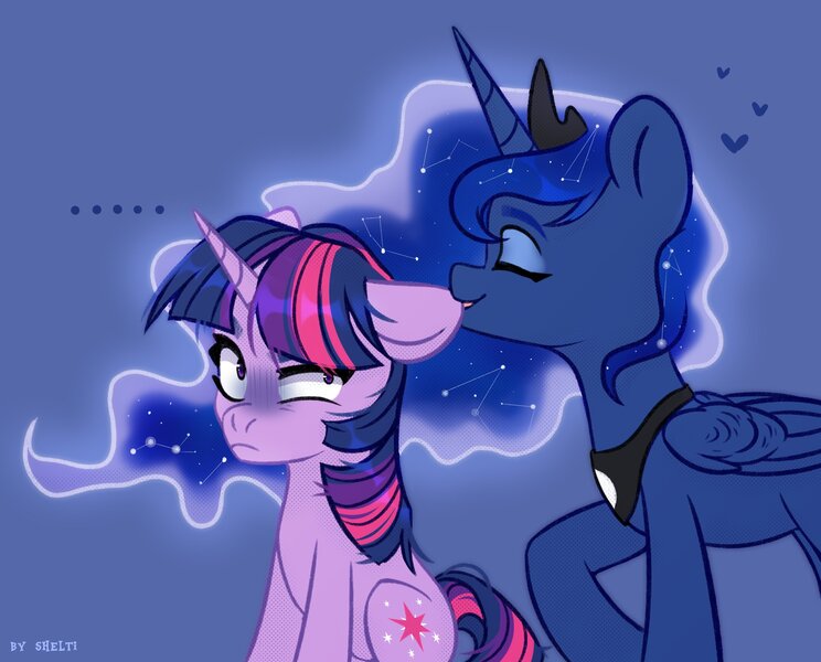 Size: 2424x1954 | Tagged: safe, artist:shelti, derpibooru import, princess luna, twilight sparkle, alicorn, pony, unicorn, ..., biting, ear bite, ethereal mane, eyes closed, female, floating heart, floppy ears, folded wings, heart, horn, image, jpeg, lesbian, mare, one ear down, shipping, sitting, twiluna, unicorn twilight, wings