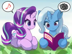 Size: 2000x1500 | Tagged: safe, artist:ragurimo, derpibooru import, starlight glimmer, trixie, pony, unicorn, abstract background, book, image, lying down, png, reading, simple background, speech bubble