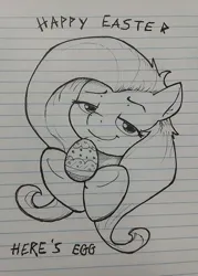 Size: 1105x1546 | Tagged: safe, artist:whiskeypanda, derpibooru import, fluttershy, pegasus, pony, bust, doodle, easter, easter egg, egg, female, holiday, image, ink drawing, jpeg, lined paper, looking at you, smug, text, traditional art