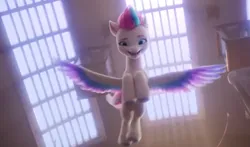Size: 700x411 | Tagged: safe, derpibooru import, screencap, zipp storm, pony, my little pony: a new generation, spoiler:my little pony: a new generation, balcony, ceiling, colored hooves, colored wings, cute, female, flying, from below, g5, gliding, image, looking at you, looking down, looking down at you, mare, png, smiling, solo, spread wings, white coat, window, wings
