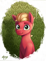 Size: 3000x4000 | Tagged: safe, artist:supermoix, derpibooru import, sprout cloverleaf, earth pony, pony, my little pony: a new generation, blonde, blonde hair, blonde mane, bust, cute, eyebrows, g5, green background, green eyes, image, looking at you, male, png, portrait, red skin, shadow, simple background, smiling, smiling at you, solo, stallion