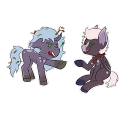 Size: 1600x1500 | Tagged: safe, artist:whimsicalseraph, derpibooru import, oc, oc:fiasco fortune, oc:ruinous rumination, unofficial characters only, bat pony, bat pony unicorn, hybrid, pony, unicorn, argument, bandage, chibi, curved horn, fangs, horn, image, incest, leaves, leaves in hair, missing cutie mark, muddy hooves, patreon, patreon reward, png, siblings