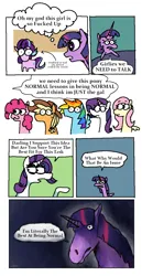 Size: 2572x4977 | Tagged: safe, artist:punkittdev, derpibooru import, applejack, fluttershy, pinkie pie, rainbow dash, rarity, starlight glimmer, twilight sparkle, twilight sparkle (alicorn), alicorn, earth pony, pegasus, pony, unicorn, the cutie re-mark, comic, dialogue, hoers, image, mane six, png, scene interpretation