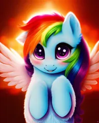 Size: 2048x2560 | Tagged: safe, artist:avalaz6214, derpibooru import, machine learning generated, purplesmart.ai, stable diffusion, rainbow dash, pony, angel, cute, derpibooru exclusive, female, fluffy, image, looking at you, png, smiling, solo, weapons-grade cute
