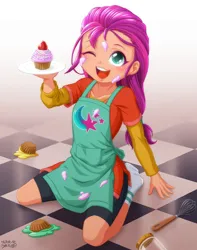 Size: 1000x1269 | Tagged: safe, artist:uotapo, derpibooru import, sunny starscout, human, equestria girls, apron, clothes, cupcake, cute, cutie mark, cutie mark on clothes, equestria girls-ified, female, food, frosting, g5, g5 to equestria girls, generation leap, image, jar, jpeg, kneeling, messy, missing shoes, one eye closed, open mouth, plate, shirt, shorts, socks, solo, stocking feet, strawberry, sunnybetes, tiled floor, whisk
