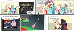 Size: 3999x1742 | Tagged: safe, artist:balileart, derpibooru import, fluttershy, rainbow dash, jigglypuff, pegasus, pony, captain falcon, chair, comic, controller, dialogue, eyebrows, eyebrows visible through hair, floppy ears, image, jpeg, plushie, pokémon, smiling, smug, super smash bros., video game, wing hands, wings
