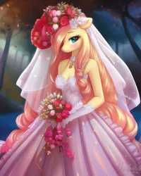Size: 2048x2560 | Tagged: safe, artist:avalaz6214, derpibooru import, machine learning generated, purplesmart.ai, stable diffusion, fluttershy, anthro, semi-anthro, blushing, clothes, cute, derpibooru exclusive, dress, female, flower, flower in hair, image, long hair, looking at you, marriage, png, shyabetes, solo, veil, wedding, wedding dress, wedding veil, white dress