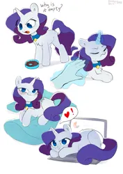 Size: 1341x1895 | Tagged: safe, artist:enderselyatdark, derpibooru import, rarity, pony, unicorn, behaving like a cat, blushing, collar, computer, disembodied hand, eye clipping through hair, eyes closed, food bowl, hand, heart, image, jpeg, laptop computer, looking at you, lying down, pony pet, prone, simple background, smiling, tsundere, white background