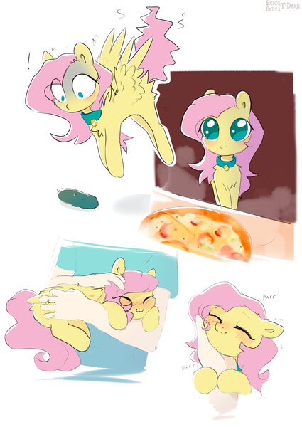 Size: 1341x1895 | Tagged: safe, artist:enderselyatdark, derpibooru import, fluttershy, pegasus, pony, :3, behaving like a cat, chest fluff, collar, eyes closed, floppy ears, food, happy, holding a pony, image, jpeg, petting, pickle, pizza, pony pet, scared, simple background, smiling, solo focus, spread wings, white background, wings