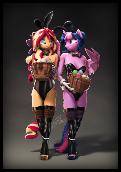 Size: 4000x5656 | Tagged: safe, artist:imafutureguitarhero, derpibooru import, sci-twi, sunset shimmer, twilight sparkle, twilight sparkle (alicorn), alicorn, anthro, classical unicorn, unguligrade anthro, unicorn, 3d, :i, absurd resolution, adorasexy, arm fluff, arm freckles, basket, border, bowtie, bunny ears, bunny suit, bunny tail, cheek fluff, chest fluff, chest freckles, chin fluff, chromatic aberration, cleavage fluff, clothes, cloven hooves, colored eyebrows, colored eyelashes, corset, costume, cuffs (clothes), cute, dialogue in the description, duo, duo female, ear fluff, ear freckles, easter, easter basket, easter egg, egg, embarrassed, female, film grain, fishnet clothing, fishnet pantyhose, fishnets, floppy ears, fluffy, fluffy hair, fluffy mane, fluffy tail, freckles, fur, gloves, holding, holiday, horn, image, jpeg, latex, latex clothes, latex corset, latex stockings, leg fluff, leg freckles, leonine tail, lesbian, long hair, long mane, looking at each other, looking at someone, matching outfits, multicolored hair, multicolored mane, multicolored tail, nervous, nose wrinkle, outfit, paintover, partially open wings, peppered bacon, playboy bunny, playboy bunny sunset shimmer, playboy bunny twilight sparkle, revamped anthros, revamped ponies, scitwilicorn, scitwishimmer, see-through, sexy, shadow, shiny, shipping, shoulder fluff, shoulder freckles, signature, sleeveless, smiling, socks, source filmmaker, stockings, sunsetsparkle, tail, thigh highs, thigh squish, twiabetes, unshorn fetlocks, unsure, varying degrees of amusement, wall of tags, wings